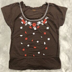 Copper Key Top Women's M Brown Floral Embroidered Blouse Peasant Boho Ruffle Y2K